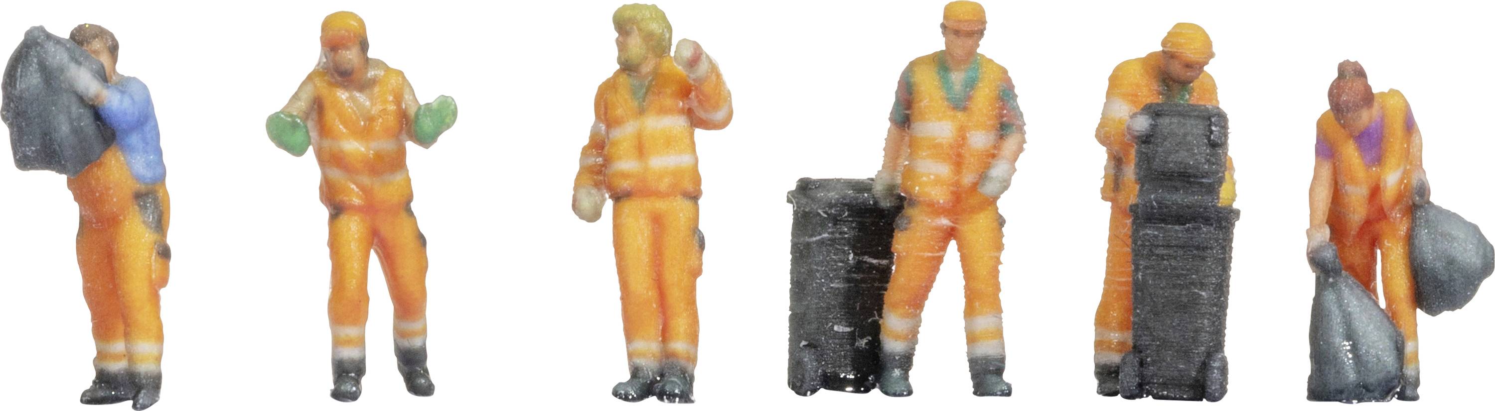 Kilku miniaturowych robotników w pomarańczowych strojach ochronnych pracujących z workami i pojemnikami na śmieci, przedstawiających pracowników służb komunalnych.