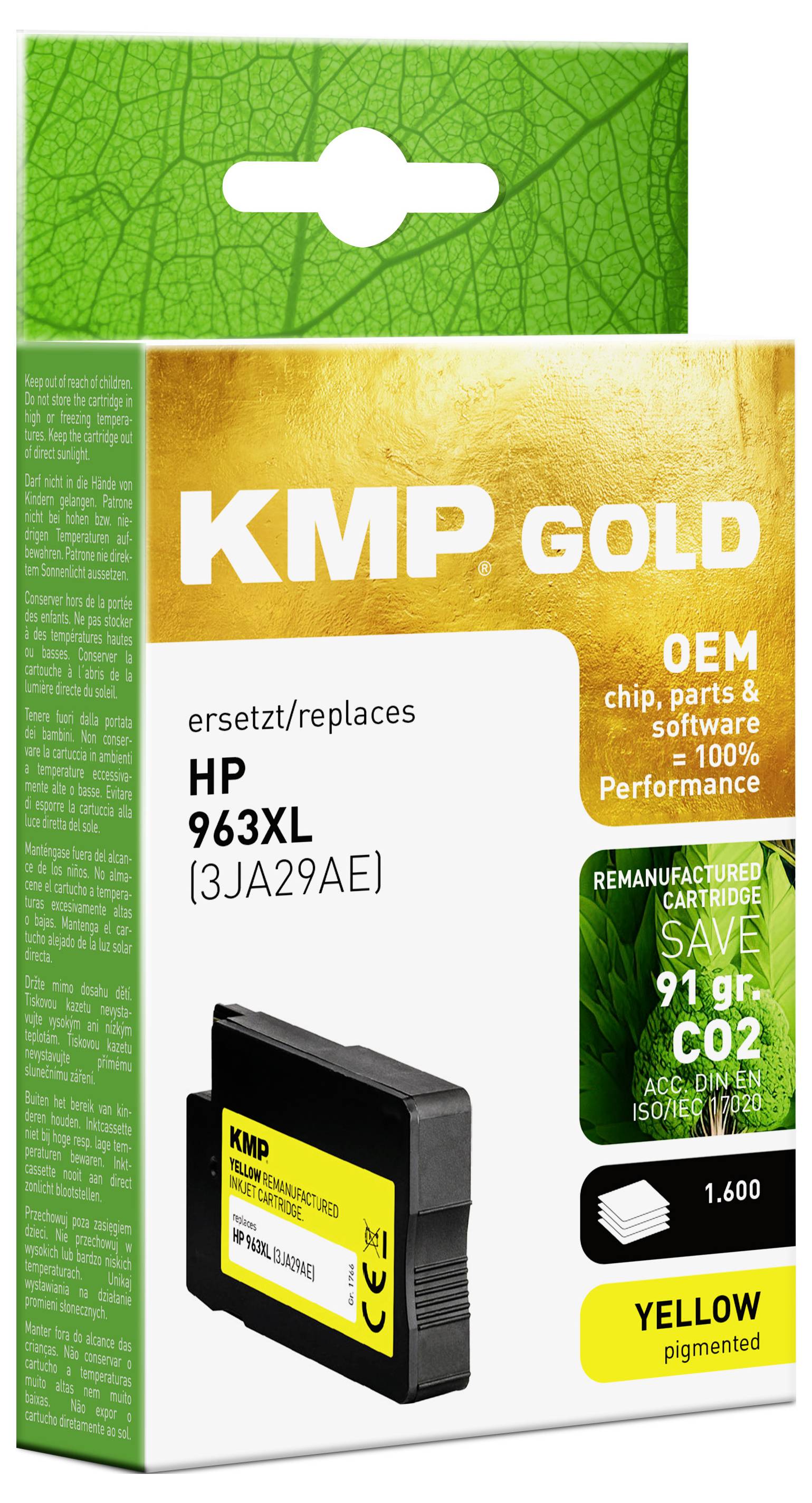 Opakowanie żółtego, regenerowanego wkładu atramentowego 'KMP Gold' do HP 963XL, deklaruje oszczędność 91g CO2, kompatybilność z oryginalnymi materiałami eksploatacyjnymi oraz wydajność do 1600 stron.