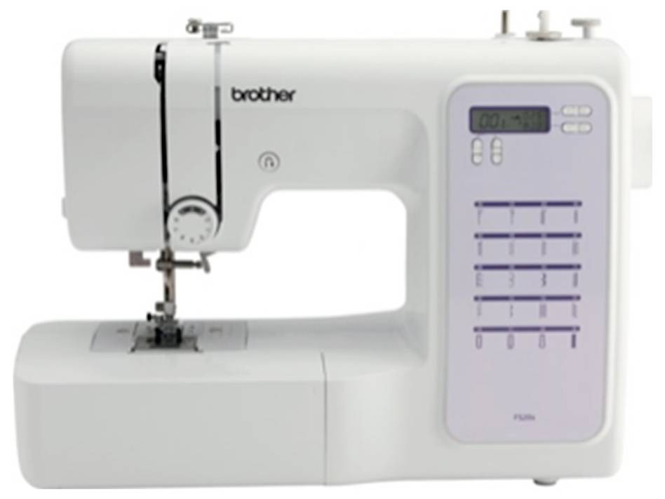 Biała maszyna do szycia 'brother' z wyświetlaczem i przyciskami do różnych programów szycia.
