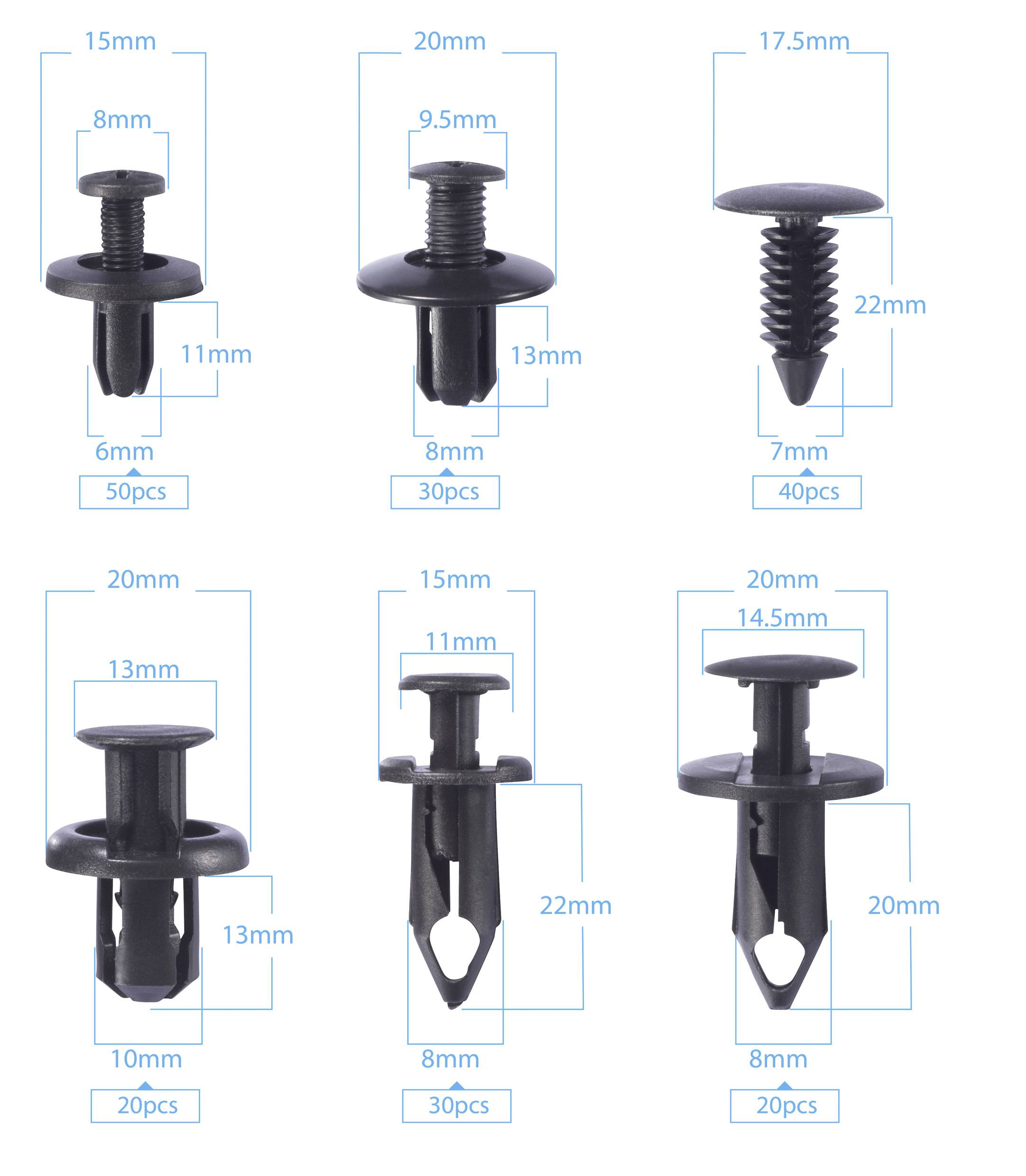 Sześć różnych klipsów plastikowych do mocowania, każdy z podanymi wymiarami i ilością sztuk, na białym tle.