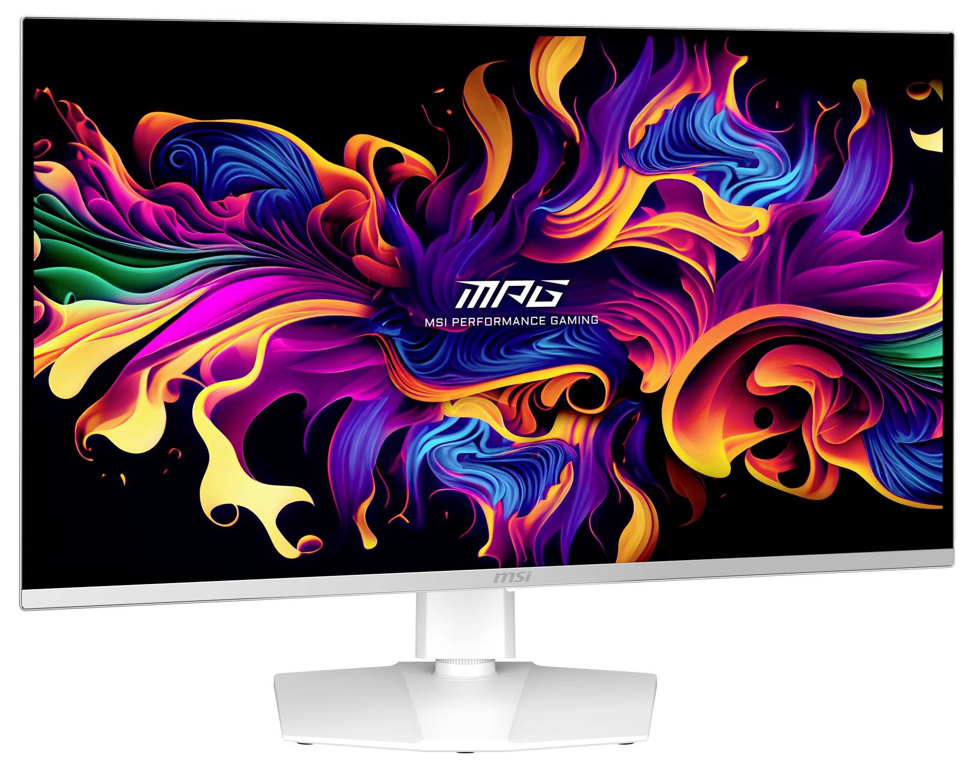 Kolorowa, abstrakcyjna plama barw na czarnym tle, z napisem 'MAG Performance Gaming' pośrodku.