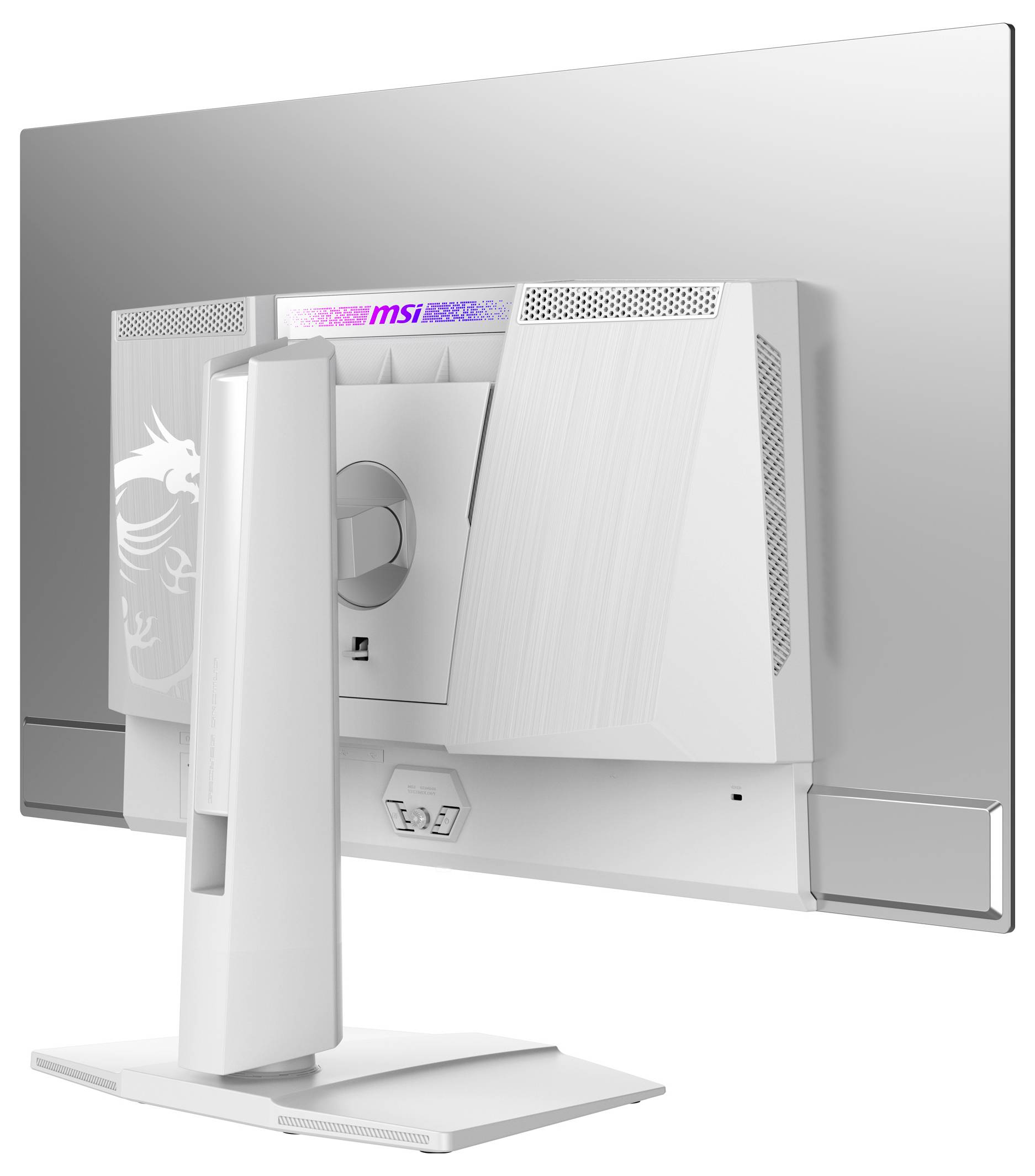 Biały monitor MSI widziany od tyłu, umieszczony na podstawie. Posiada szczeliny wentylacyjne i świecące logo MSI u góry.