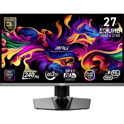 27-calowy monitor firmy MSI wyświetla kolorową abstrakcyjną sztukę. Tekst na ekranie opisuje specyfikacje techniczne, takie jak 4K UHD i 240 Hz.