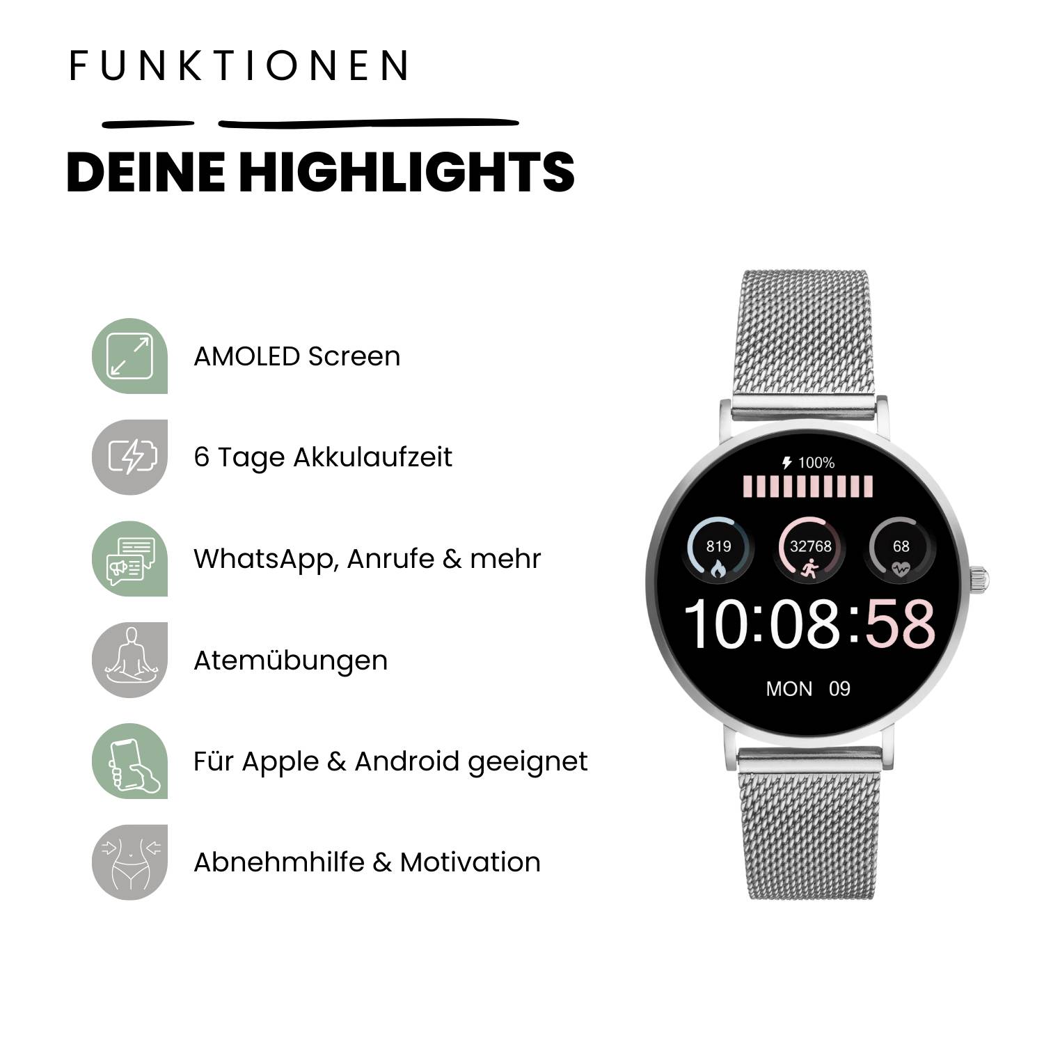 Srebrny smartwatch z ekranem AMOLED, 6-dniowym czasem pracy baterii, funkcją WhatsApp, odbierania połączeń, kompatybilny z Apple i Android, oferujący śledzenie aktywności fizycznej.