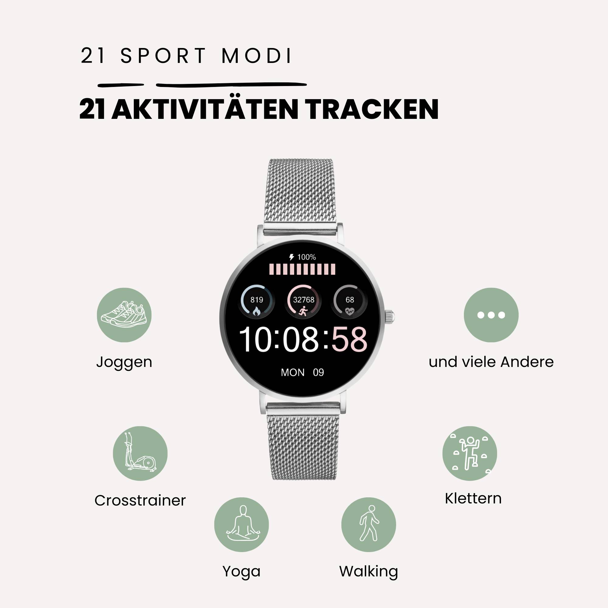 Smartwatch z ekranem wyświetlającym 'śledzenie 21 aktywności'. Ikony: bieganie, orbitrek, joga, spacer, wspinaczka i więcej.
