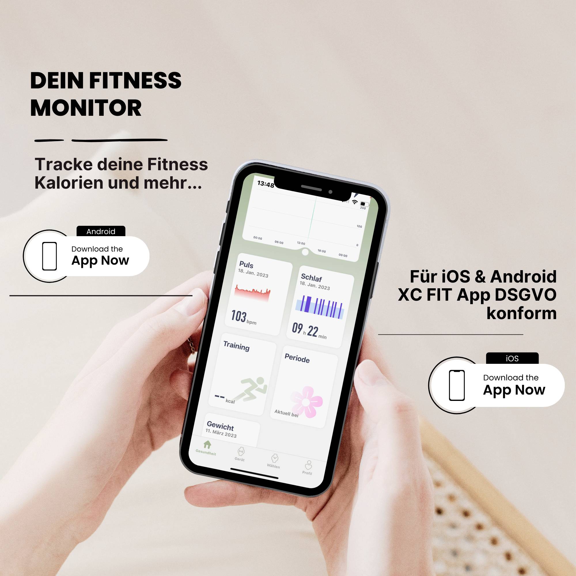 Jedna dłoń trzyma smartfon z otwartą aplikacją fitness. Na ekranie widoczne są dane takie jak puls, liczba kroków, trening i inne informacje dotyczące aktywności fizycznej.