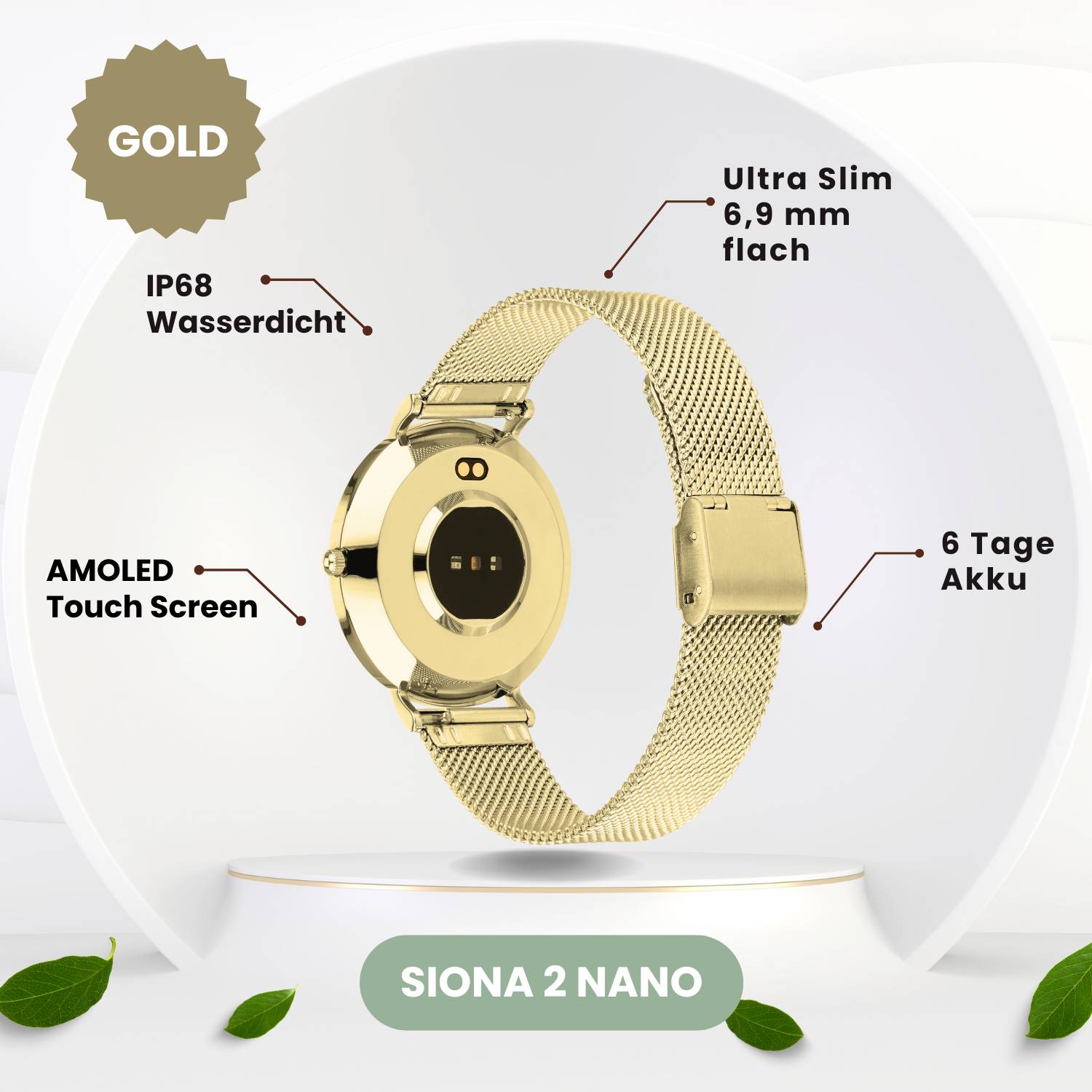 Smartwatch w kolorze złotym z ultracienką konstrukcją o grubości 6,9 mm, wodoszczelna (IP68), z ekranem dotykowym AMOLED i 6-dniowym czasem pracy baterii. Model: Siona 2 Nano.