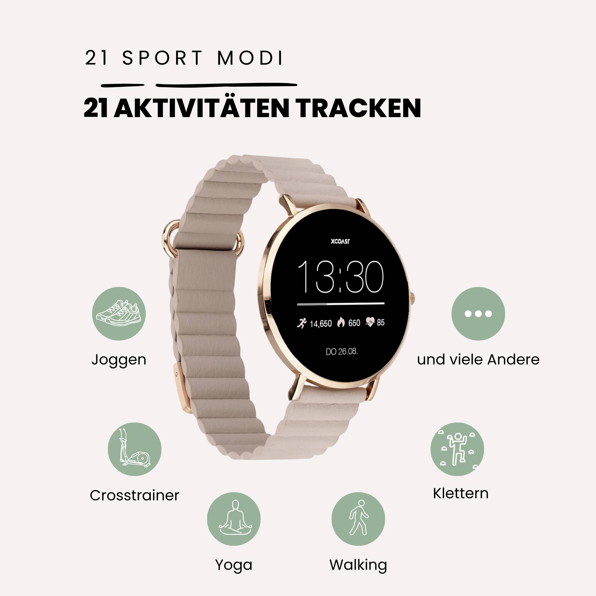 Smartwatch z okrągłym wyświetlaczem pokazuje aktualną godzinę. Poniżej znajdują się symbole różnych aktywności, takich jak bieganie, trening na orbitreku, joga, spacery i wspinaczka.