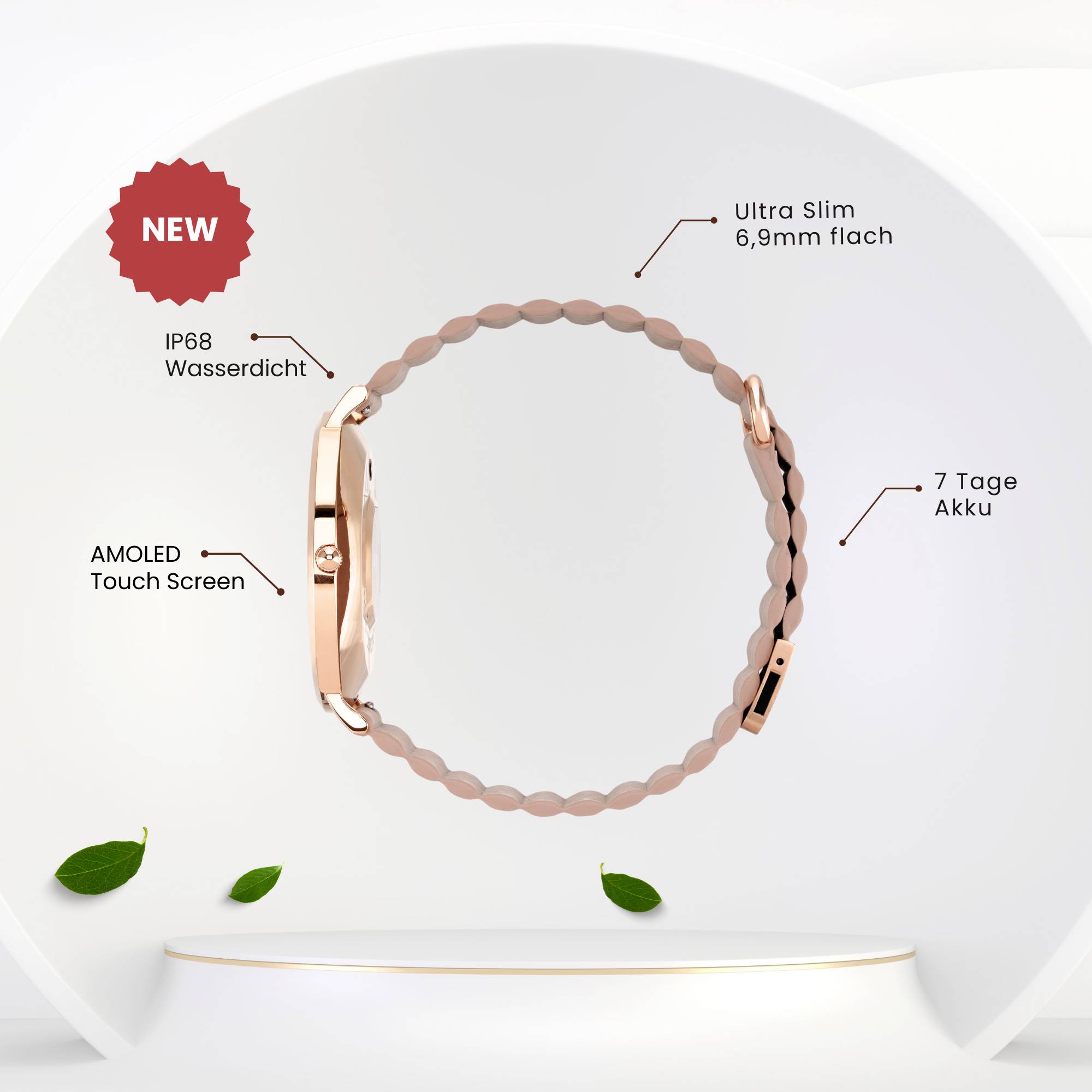 Złoty smartwatch z okrągłą tarczą, ekranem dotykowym AMOLED, grubością zaledwie 6,9 mm, wodoszczelnością IP68 oraz żywotnością baterii do 7 dni.