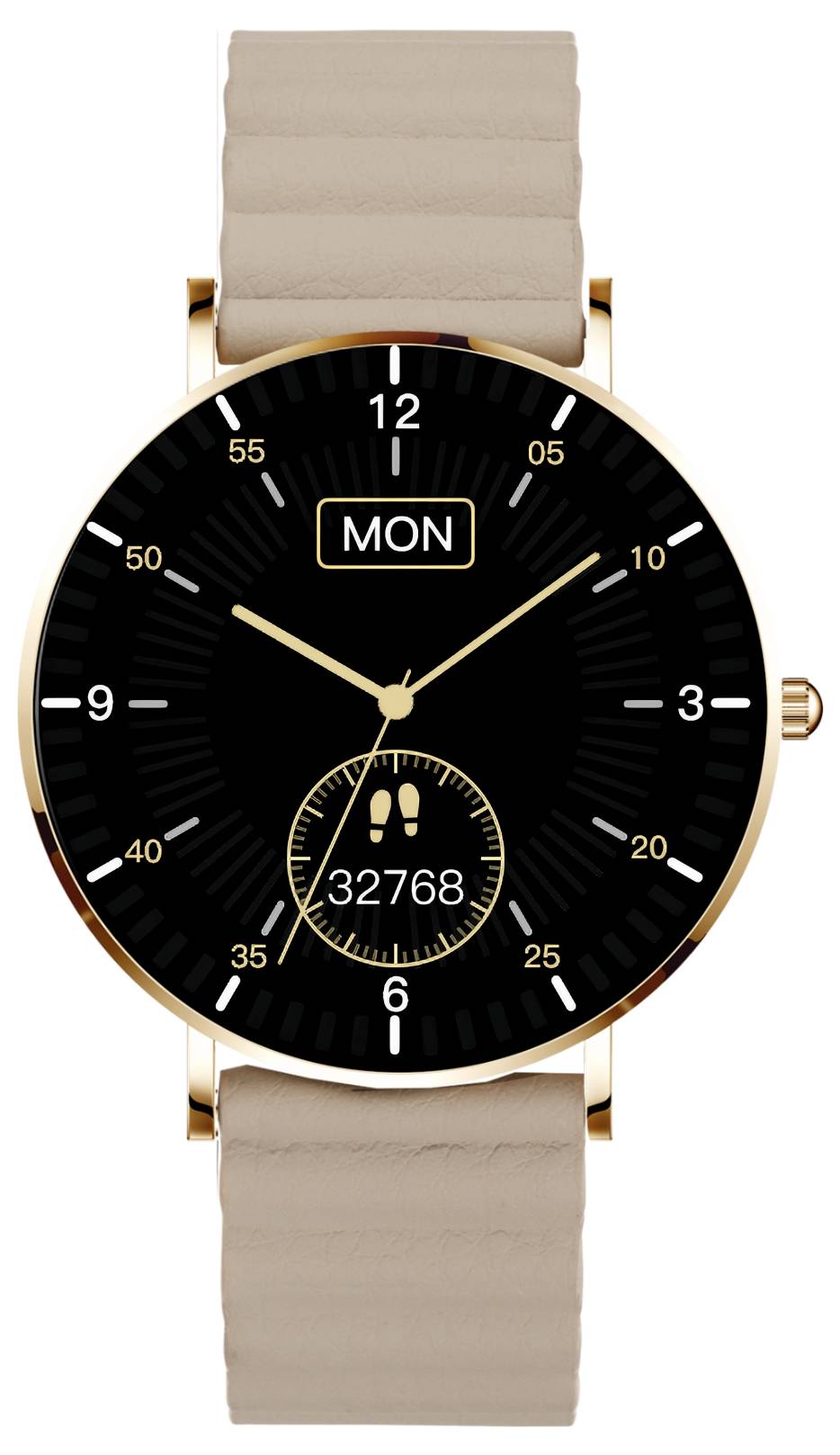 Złoty zegarek na rękę z czarną tarczą, wskazujący poniedziałek, licznik kroków na poziomie 32.768. Beżowy pasek.