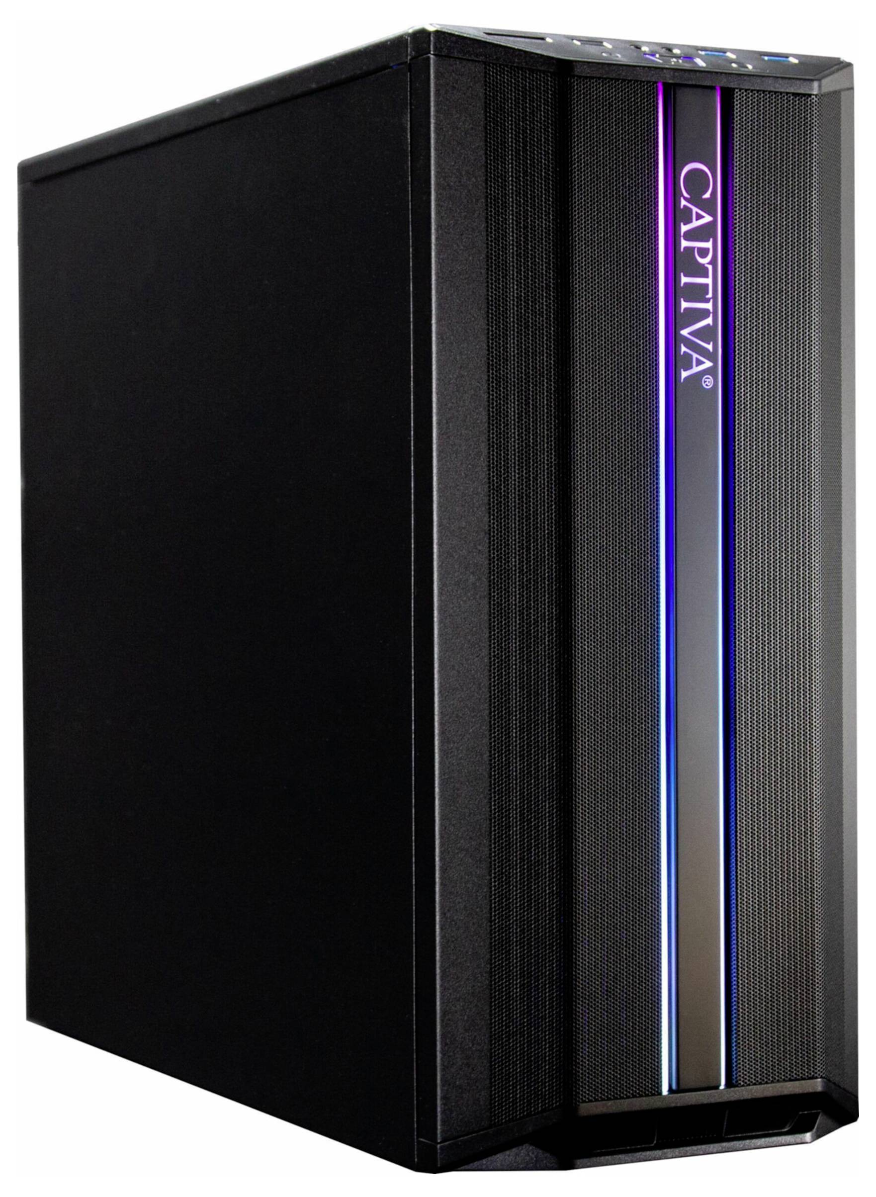 Czarna obudowa komputera z pionowym, świecącym paskiem RGB z napisem 'CAPTIVA'.