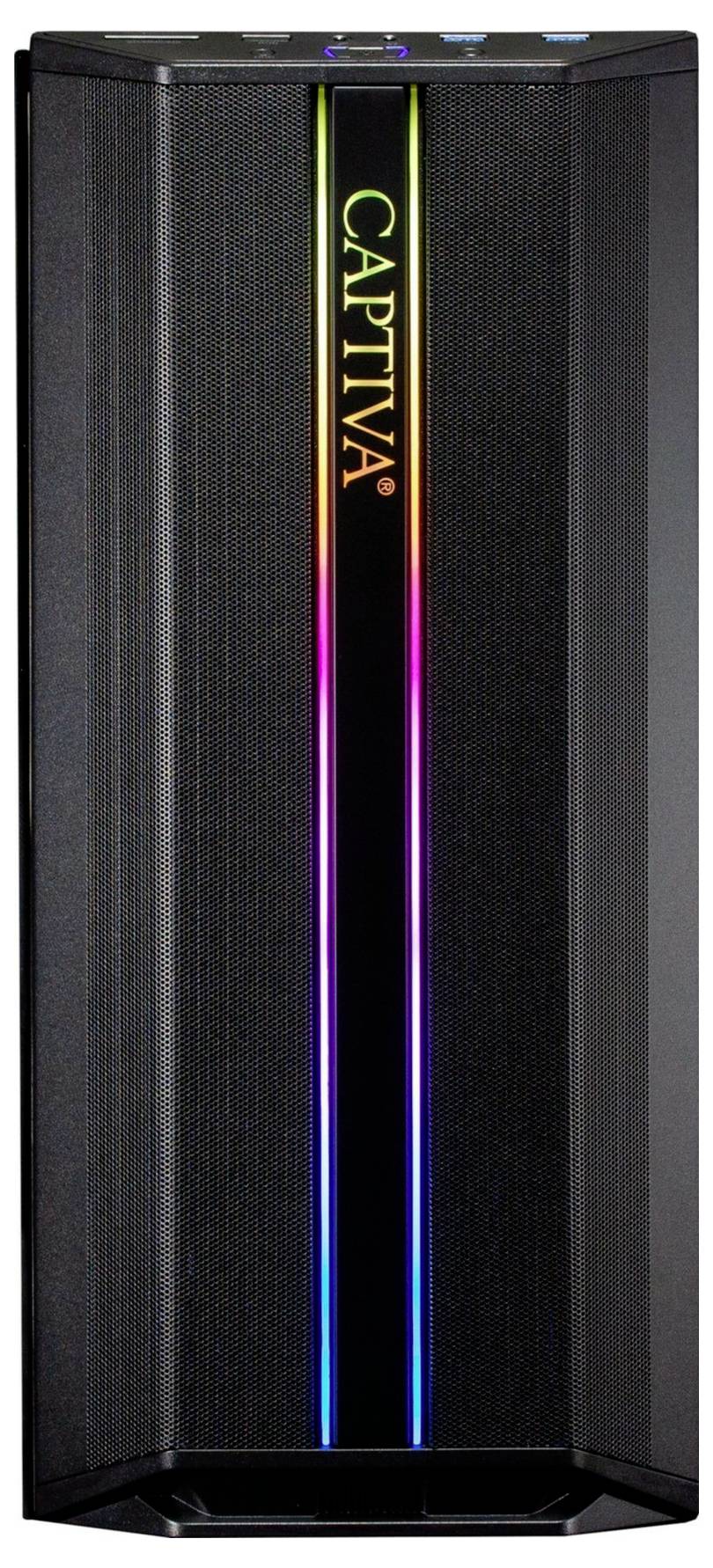 Czarny głośnik z pionowym, świecącym paskiem LED pośrodku oraz logo 'CAPTIVA' na górze.