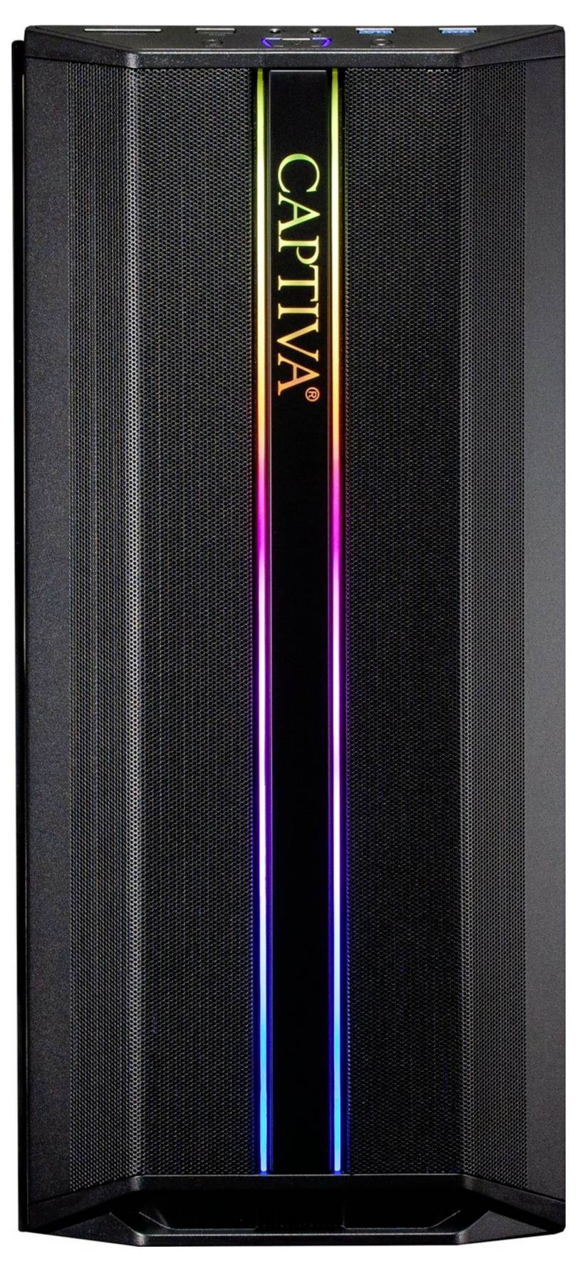Czarna obudowa Captiva z pionowymi, kolorowymi paskami LED w środku; zaprojektowana nowocześnie i elegancko.