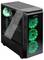 Komputer do gier z przezroczystą obudową prezentuje wentylatory podświetlone zielonymi diodami LED.