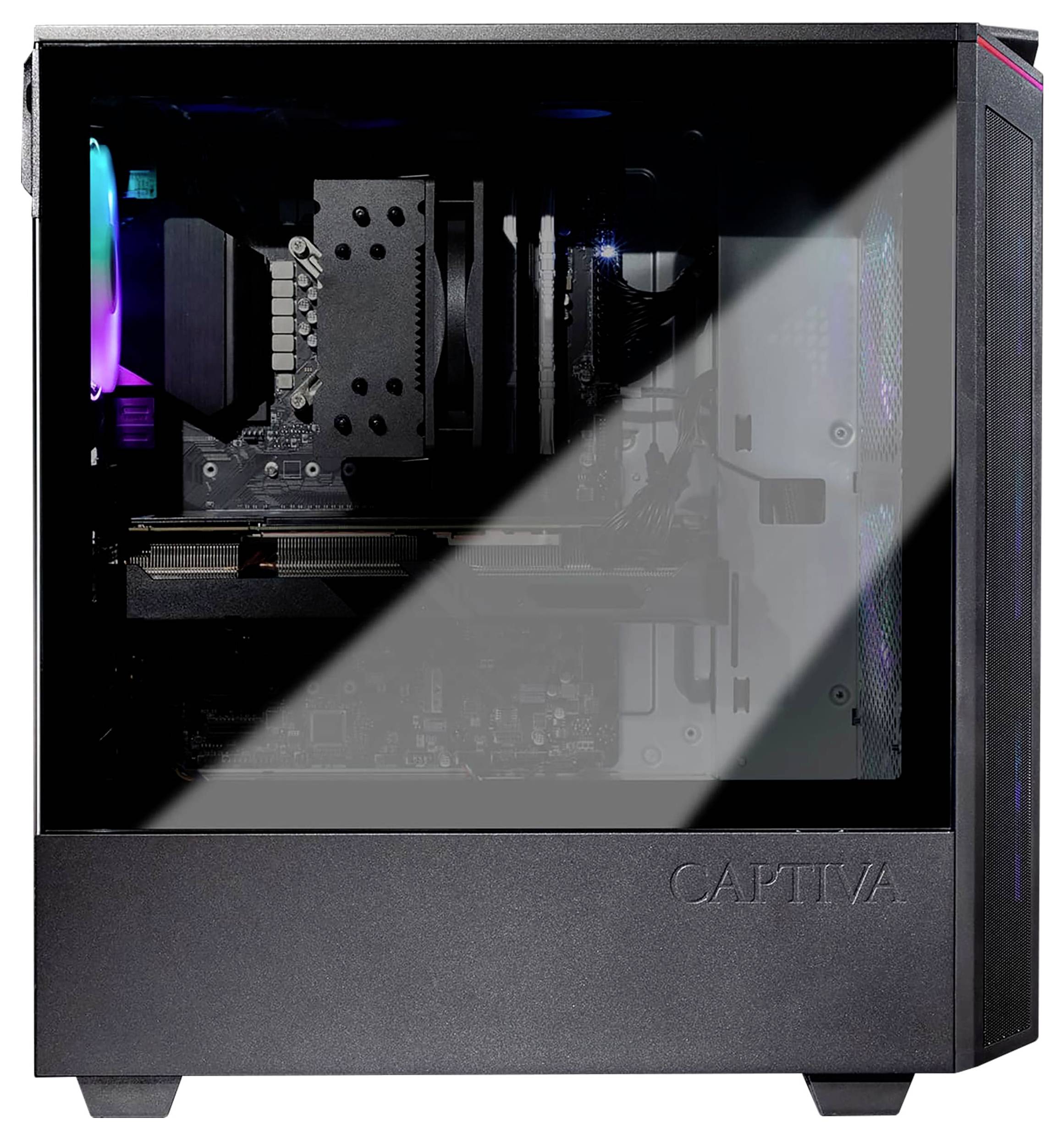Czarna obudowa komputera z oknem bocznym. We wnętrzu widoczne są świecące komponenty LED oraz kable.