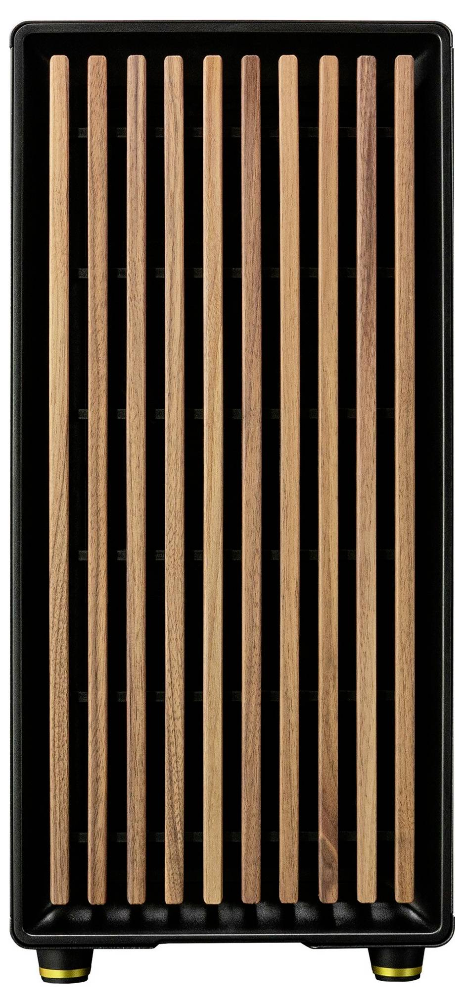 Czarna obudowa z pionowymi drewnianymi listwami na przedniej ścianie, nowoczesna i minimalistyczna w designie.