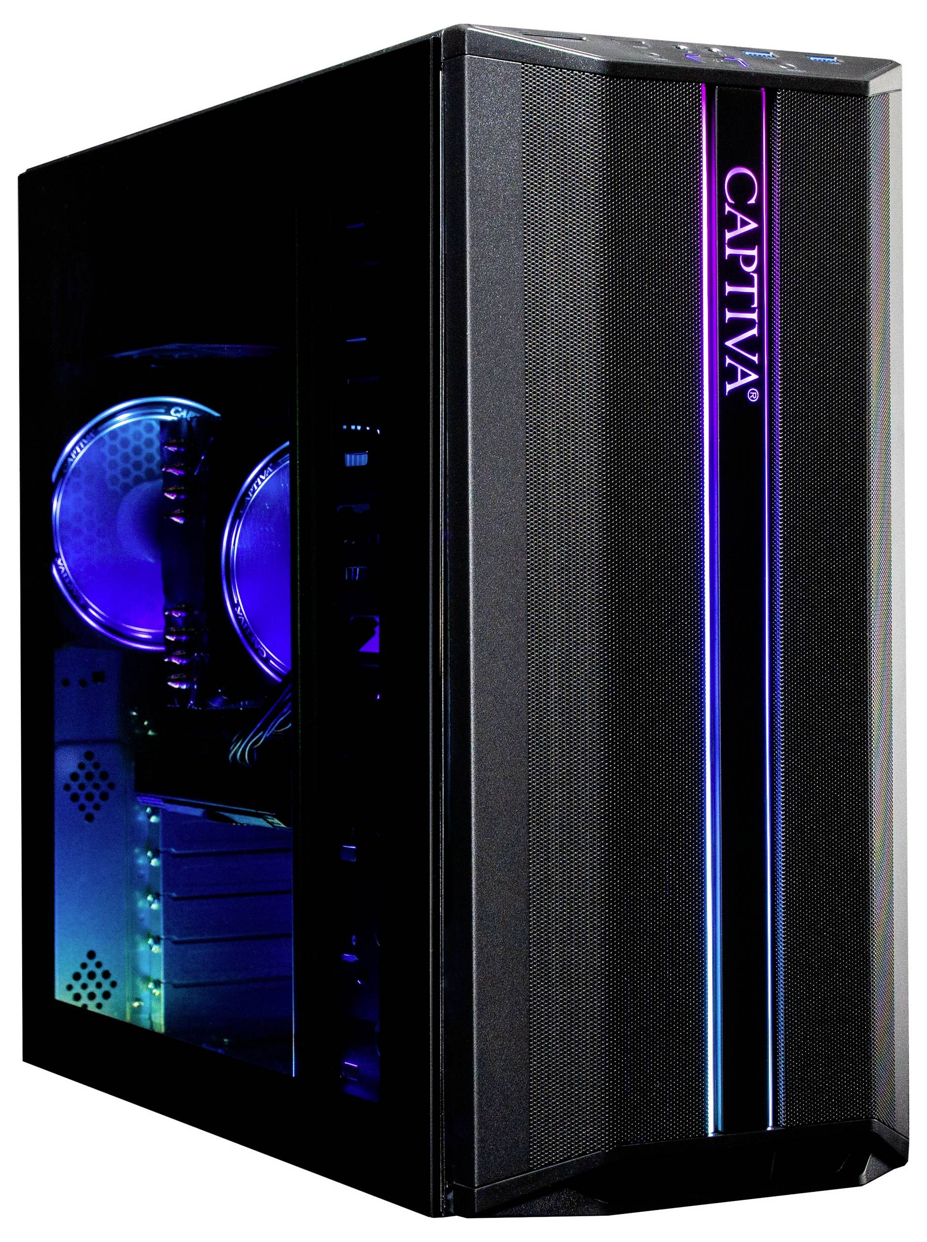 Czarna obudowa komputera z podświetlonym wnętrzem i logo 'CAPTIVA' na boku.