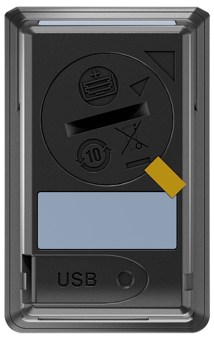 Czarne urządzenie USB z symbolami prawidłowej instalacji baterii oraz ostrzeżeniem, kompatybilne z bateriami 10A.