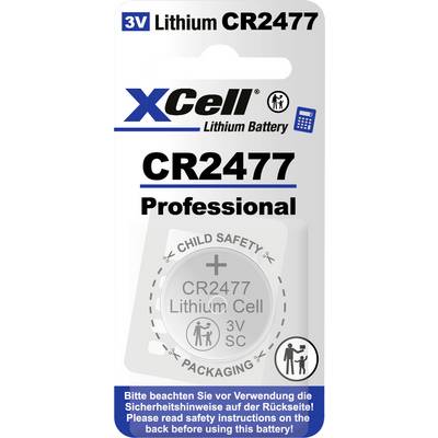 'CR2477 Professional', Opakowanie baterii litowej marki XCell. Informacje dotyczące zabezpieczenia przed dziećmi oraz informacje bezpieczeństwa na odwrocie.