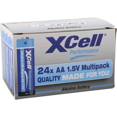Opakowanie 24 baterii alkalicznych AA 1,5V marki XCell Performance, w niebieskim designie, podkreślającym jakość.