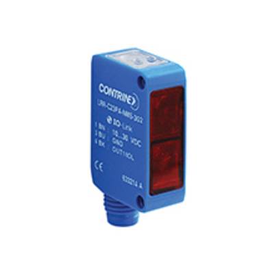 Niebieski czujnik optoelektroniczny z czerwonym okienkiem świetlnym. Nadruk modelu: 'CONTRINEX'. Stosowany do pomiaru odległości obiektów.