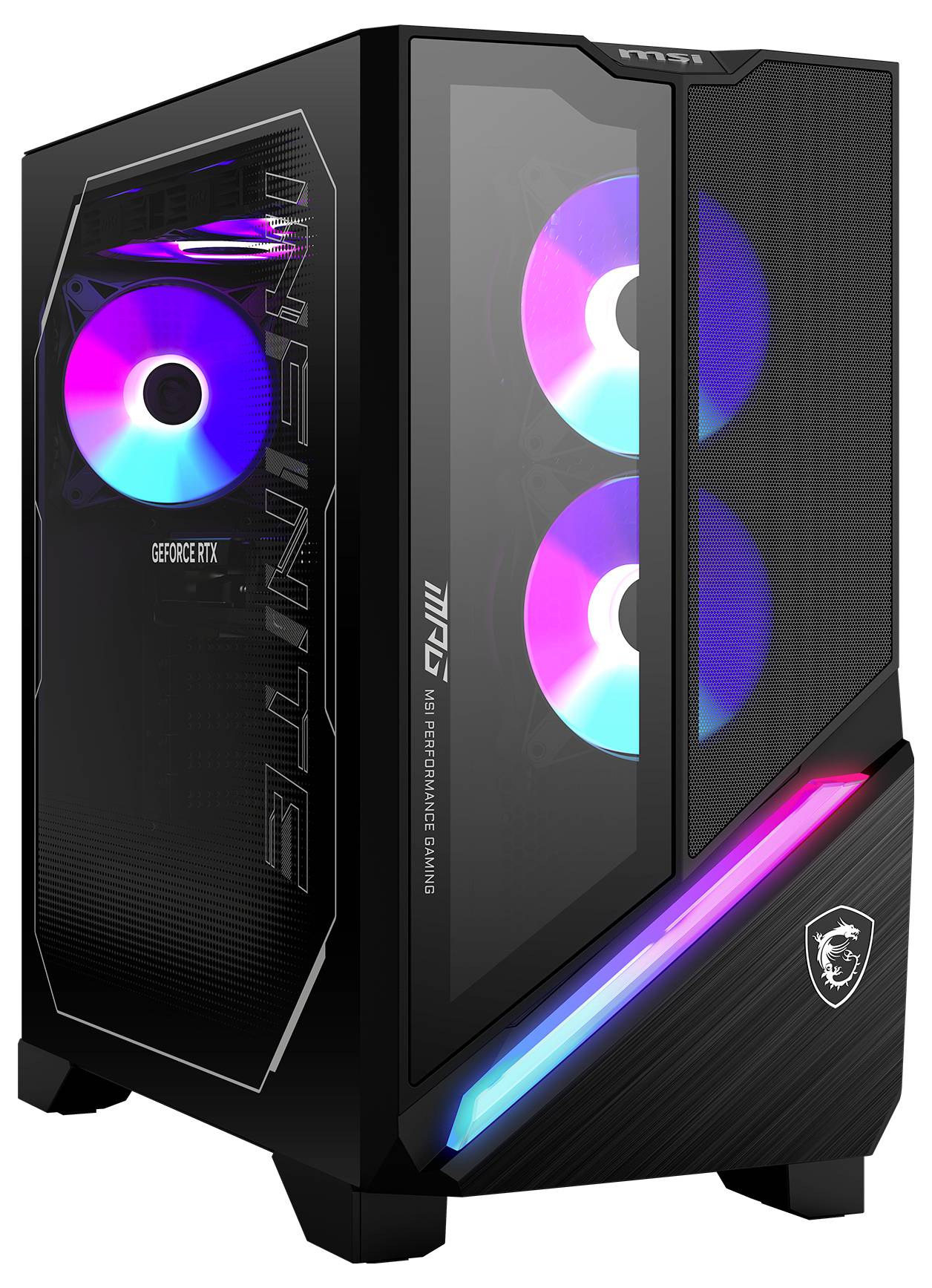 Czarny komputer do gier z przezroczystym oknem bocznym, widoczne są trzy świecące wentylatory i logo GeForce RTX.