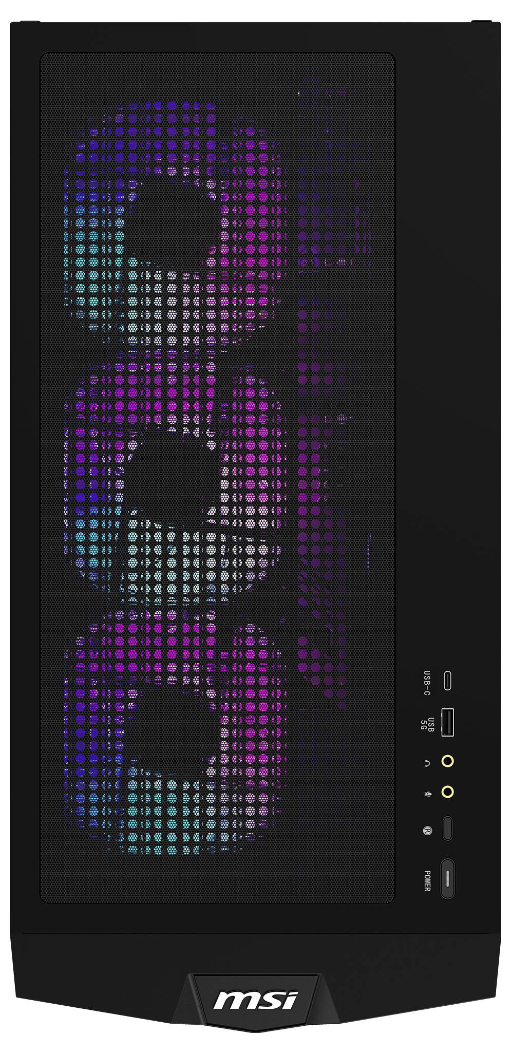 Komputer z wentylatorami podświetlanymi RGB i logo MSI. Posiada złącza USB, audio oraz główny włącznik na przedniej ściance obudowy.