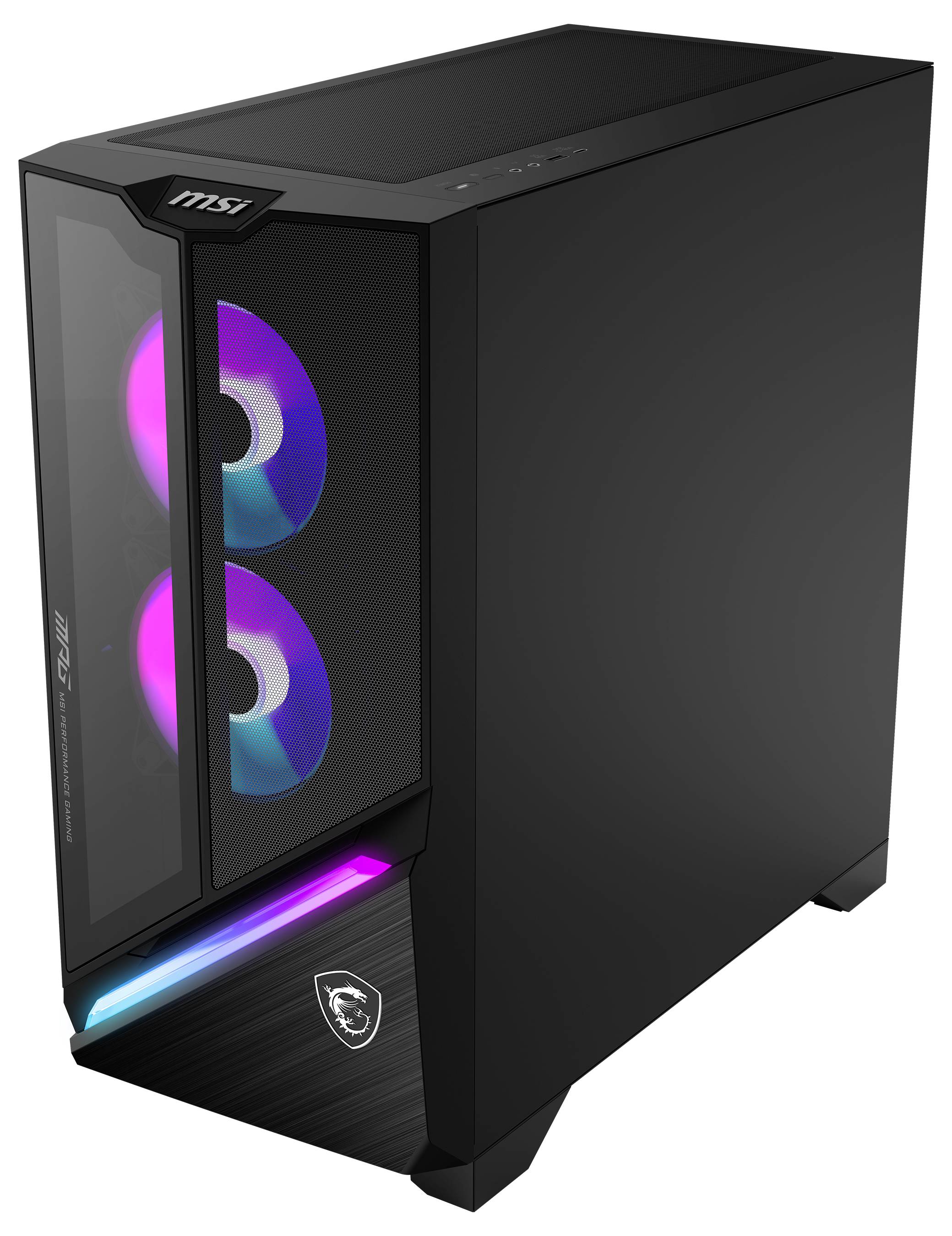 Czarne obudowa komputera MSI z dwoma wentylatorami RGB z przodu. Obudowa posiada gładką powierzchnię i srebrne akcenty.