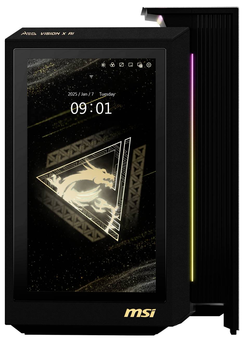Czarny komputer stacjonarny MSI z obudową, która posiada wyświetlacz pokazujący datę i godzinę. Logo smoka jest wyraźnie widoczne na ekranie.