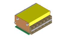 Prostokątny, żółty blok 3D na zielonym cokole, prawdopodobnie element elektroniczny lub widok modelowy urządzenia.