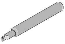 Prosty, cylindryczny element z ząbkowanym końcem. Prawdopodobnie część techniczna lub mechaniczna.