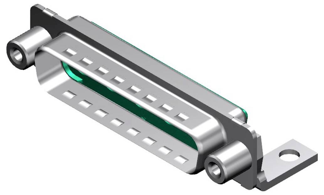 Trójwymiarowy rendering metalowego złącza D-sub z uchwytem, pokazujący różne piny przeznaczone do połączeń urządzeń elektronicznych.