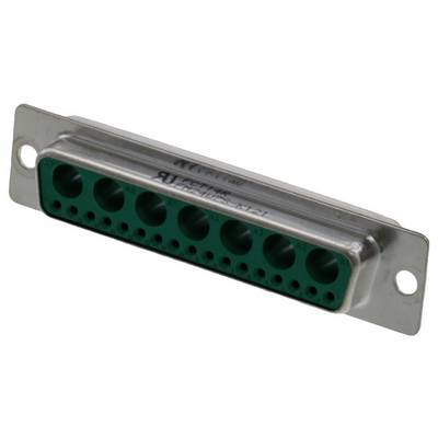 Metalowy wtyk z zielonymi gniazdami, odpowiedni do połączeń elektronicznych. Prostokątny kształt z otworami śrubowymi po bokach.