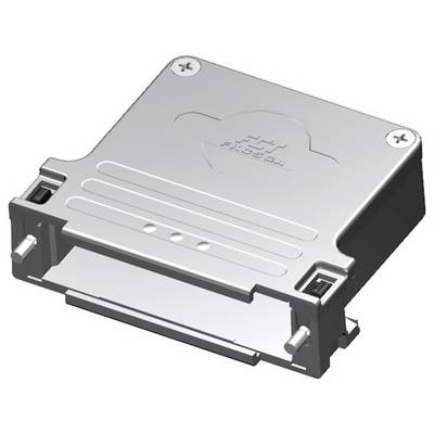 Srebrna elektroniczna obudowa podzespołu z wkrętami w narożnikach, otworami wentylacyjnymi i wypukłym logo na górze.