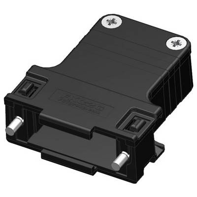 Czarny, prostokątny element z wkrętami w narożnikach, prawdopodobnie urządzenie elektroniczne lub moduł, obudowa z tworzywa sztucznego, dwa styki wtykowe.