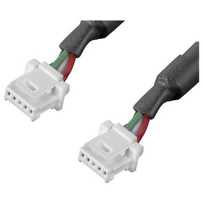 Dwa białe złącza z czterema stykami, połączone czarnymi kablami w kolorze zielono-czerwonym. Są przeznaczone do połączeń elektronicznych.