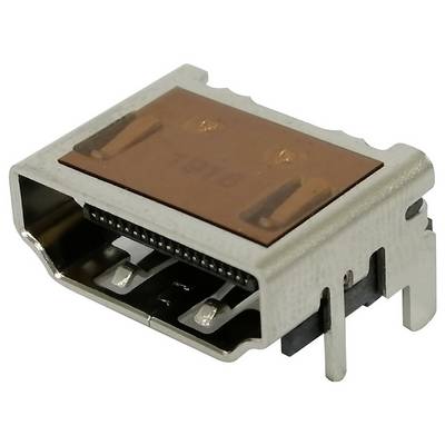 Srebrzysto-miedziany wtyk HDMI, sfotografowany pod skosem, ukazujący styki kontaktowe oraz external obudowę.