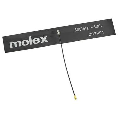 Antena z napisem 'molex 600MHz - 6GHz 207901', podłączona przewodem. Jest przeznaczona do pracy w zakresie częstotliwości radiowych od 600 MHz do 6 GHz.