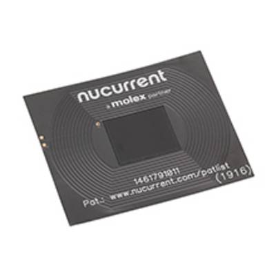 Czarna antena z napisami 'nucurrent', 'molex', numerem seryjnym i stroną internetową, umieszczona na prostokątnym chipie.