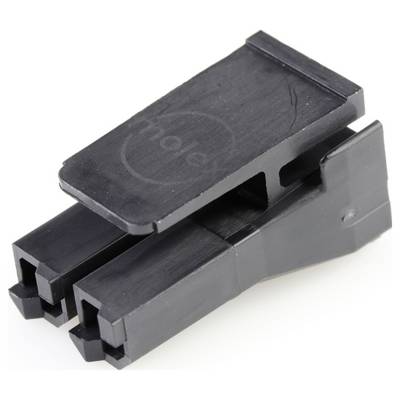 Czarny wtyk plastikowy z dwoma złączami, z klipsem bocznym, najprawdopodobniej złącze Molex, umożliwiający połączenia elektryczne.