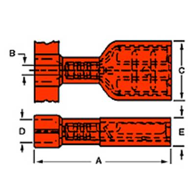 Czerwony techniczny rysunek adaptera z różnymi wymiarami: A, B, C, D, E. Przedstawia dwie perspektywy dla widoku szczegółowego.