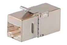 Metalowy wtyk RJ45, odpowiedni do połączeń kablowych Ethernet.