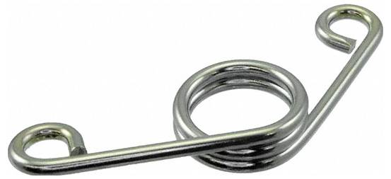 Metalowa sprężyna w kształcie spirali z dwoma zakrzywionymi końcami, używana do mocowania lub napinania.