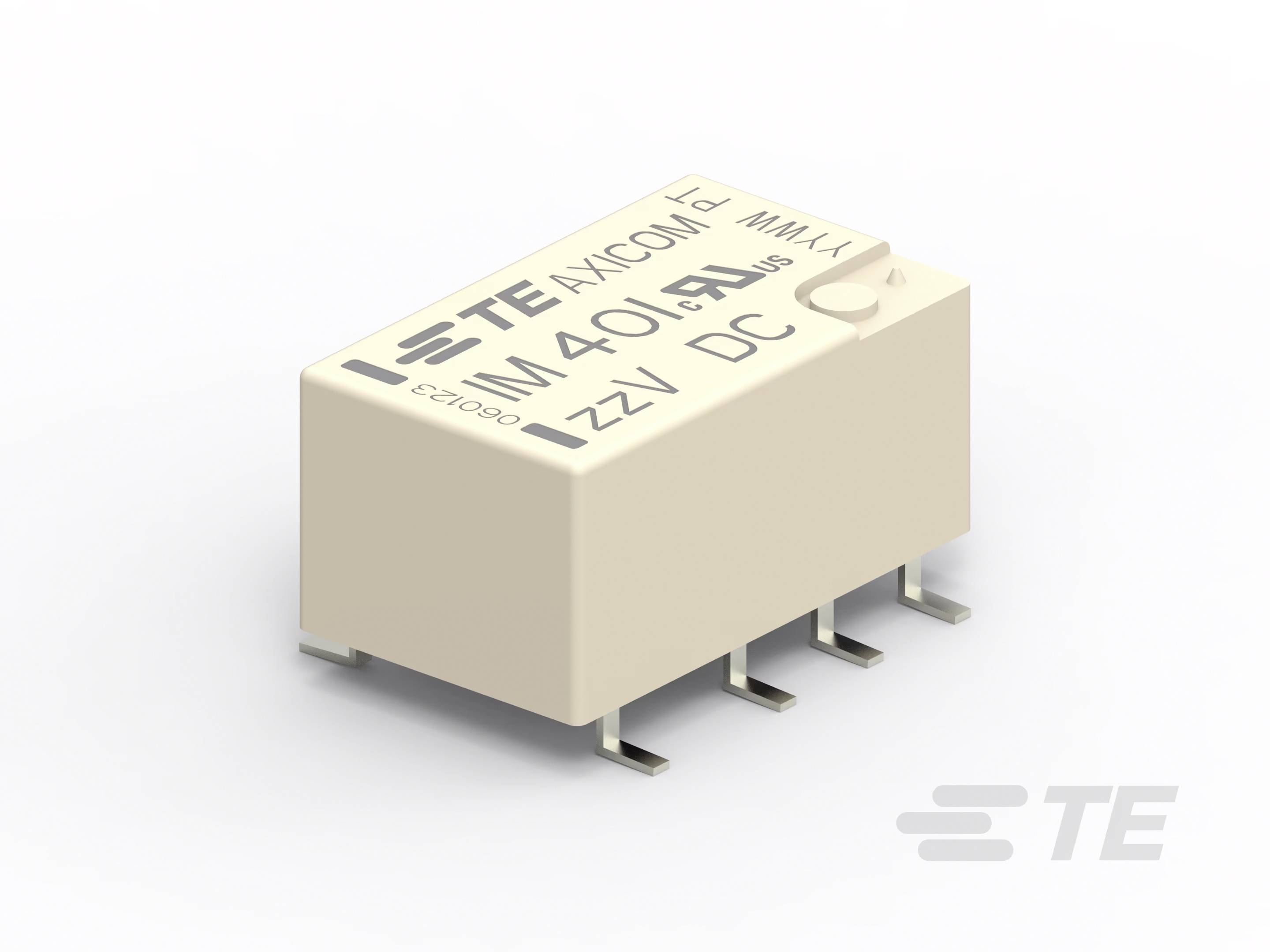 Prostokątny element elektryczny z sześcioma przyłączami, oznaczony napisem "TE Axicom 4,5 V DC".