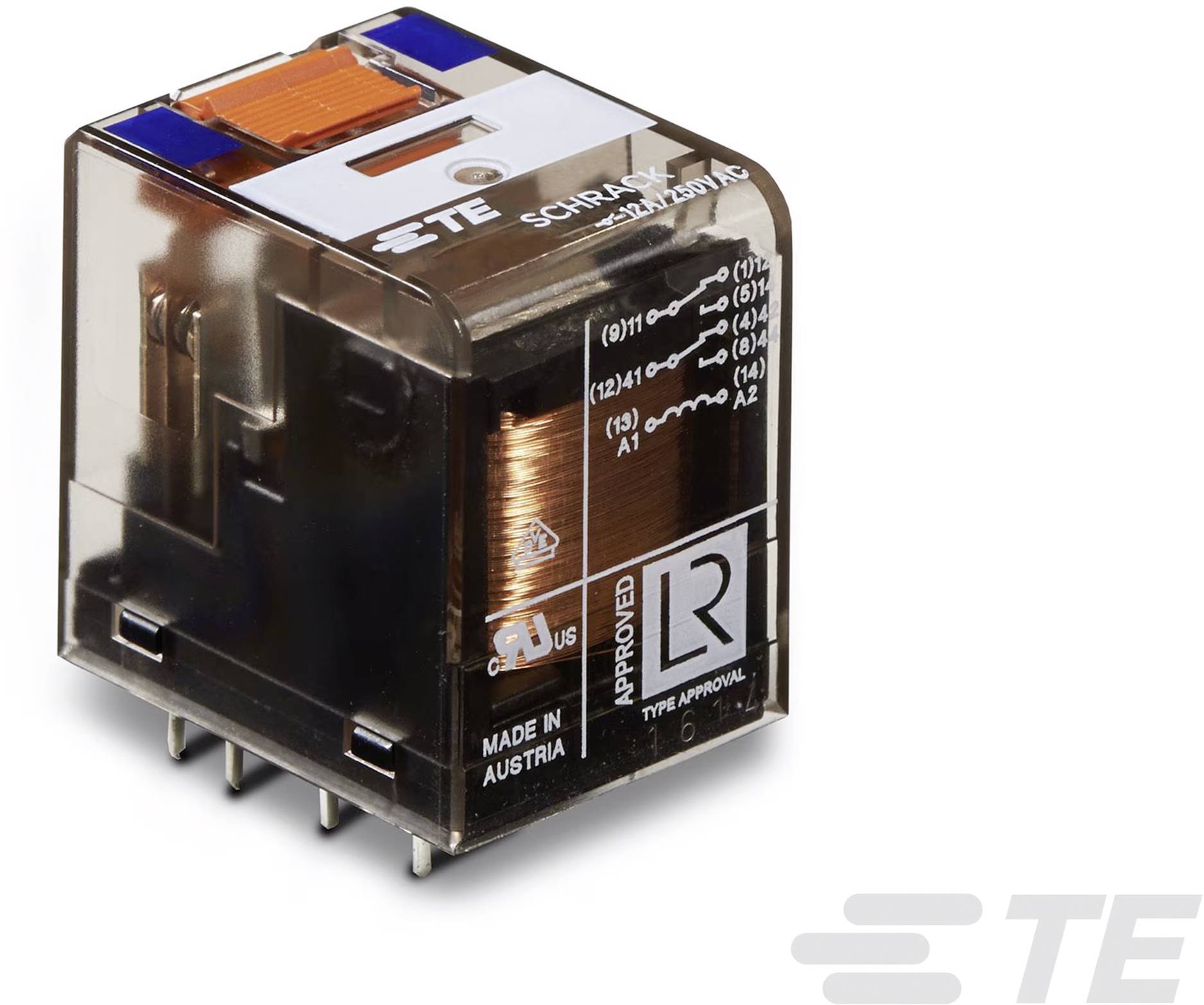 Przekaźnik marki Schrack, typ RT414012, z przezroczystą obudową i cewką miedzianą, odpowiedni do zastosowań przemysłowych.