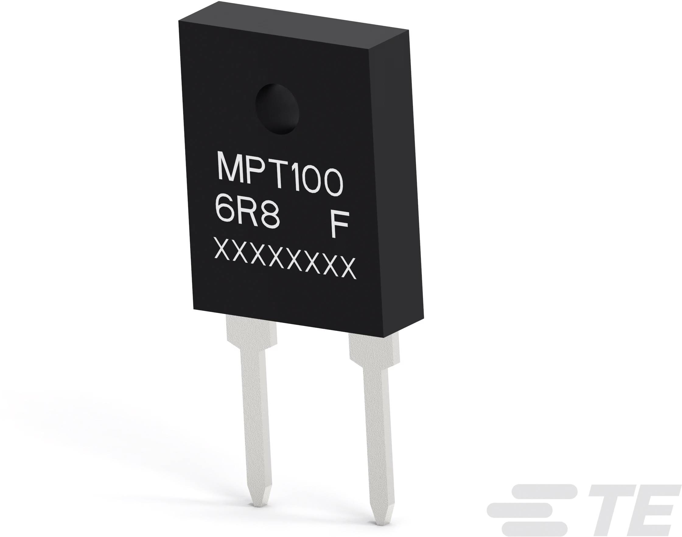 Prostokątny element elektryczny z napisem 'MPT100 6R8 F' i dwoma srebrnymi stykami.