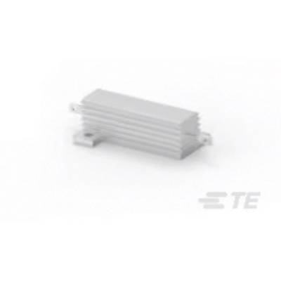 Szary element elektroniczny z żeberkami, ułożony poziomo, z przyłączami na obu końcach, na białym tle.