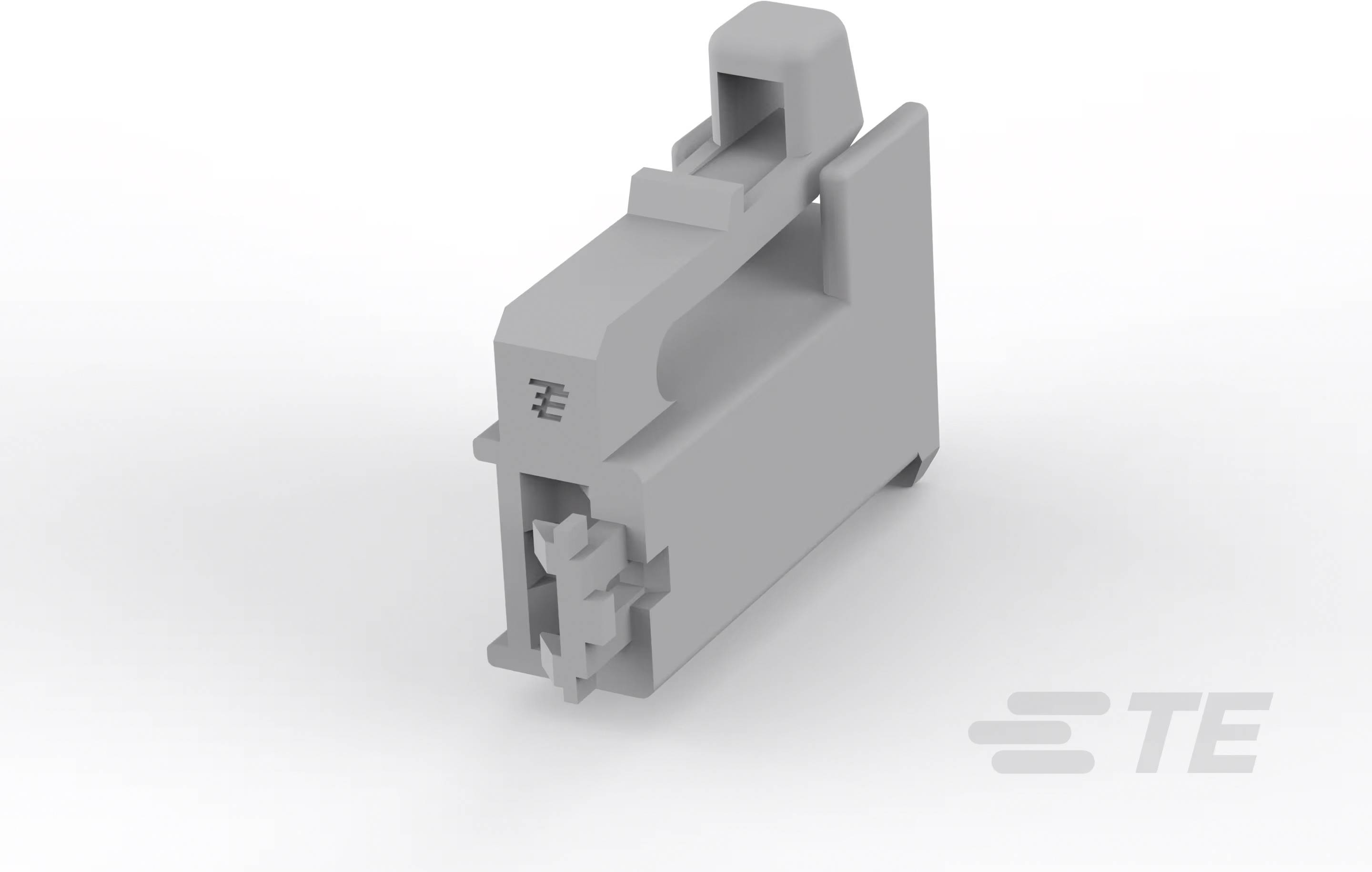 Szary element elektroniczny z logo TE, prawdopodobnie złącze. Zaprojektowany do montażu na płytkach drukowanych w urządzeniach elektronicznych.