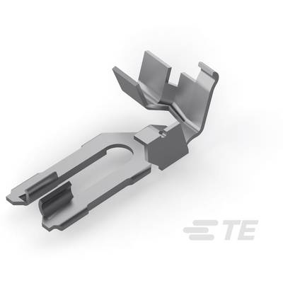 Metalowy styk o wygiętej konstrukcji, odpowiedni do połączeń elektrycznych. W tle logo TE, koncernu elektronicznego.