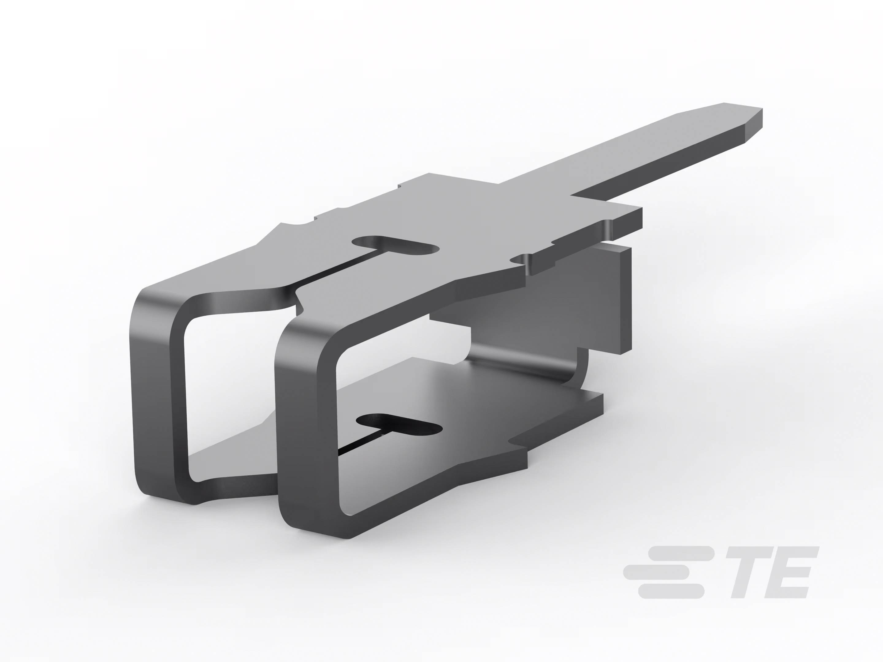 Metalowy styk z elektrycznego systemu złączy, przedstawiony z boku, ukazuje dwuzębną formę służącą do mocowania.